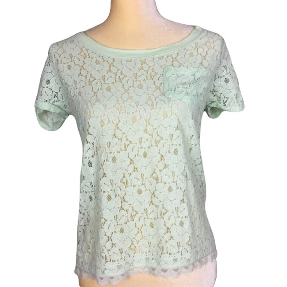 Poof Mint Green Short Sleeve Lace Top Cottage Core NWT - Picture 1 of 8